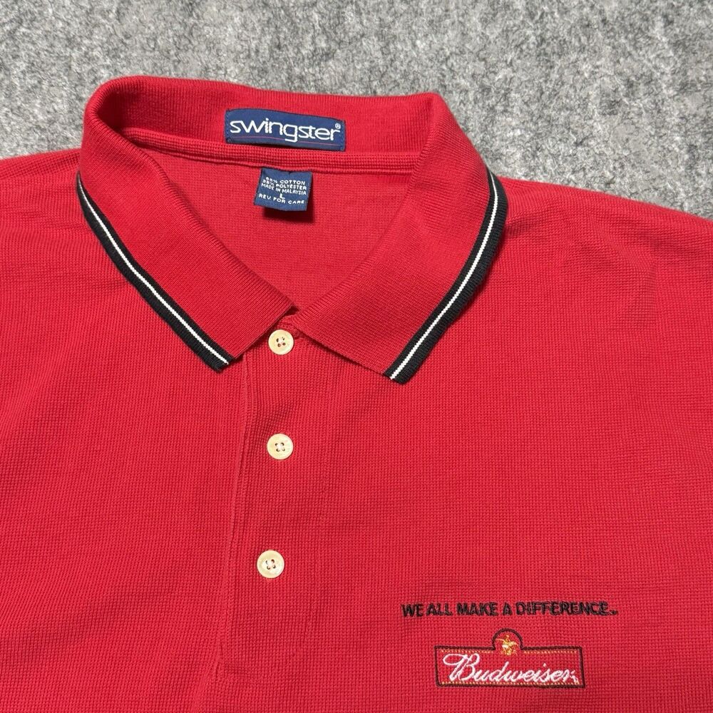 Vintage 90s Budweiser Shirt Mens Large Swingster Beer Promo Polo Red Cotton